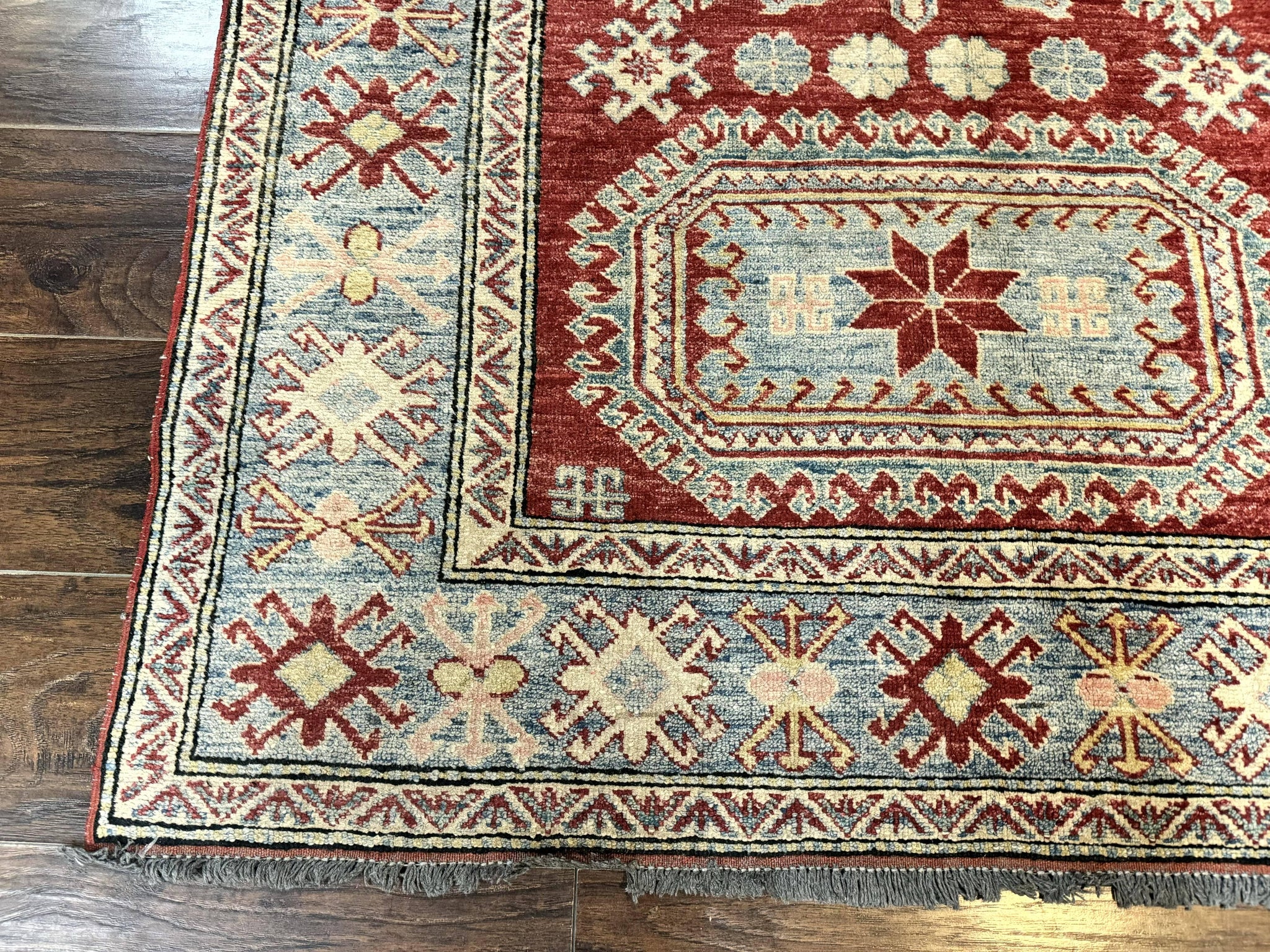 Turkish Kazak Rug 4x6, Handmade Vintage Wool Carpet, Geometric Design, Red and Light Blue by Jewel Rugs