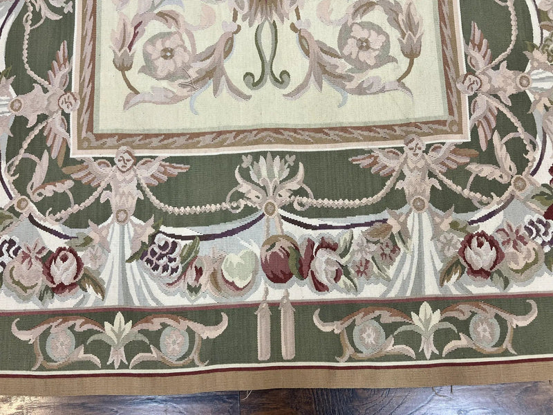 Aubusson Rug 5x8, Wool Handmade Vintage Carpet, Angel Motifs, Flatweave Rug 5 x 8, Medium Sized, European Design by Jewel Rugs