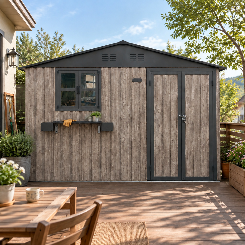 10x8 FT Outdoor Metal Storage Shed with Window & Flower Rack, Lockable Double Doors Tool Shed, Waterproof Weatherproof Garden Shed for Backyard Patio,Grey+Black., photo 9 of 9