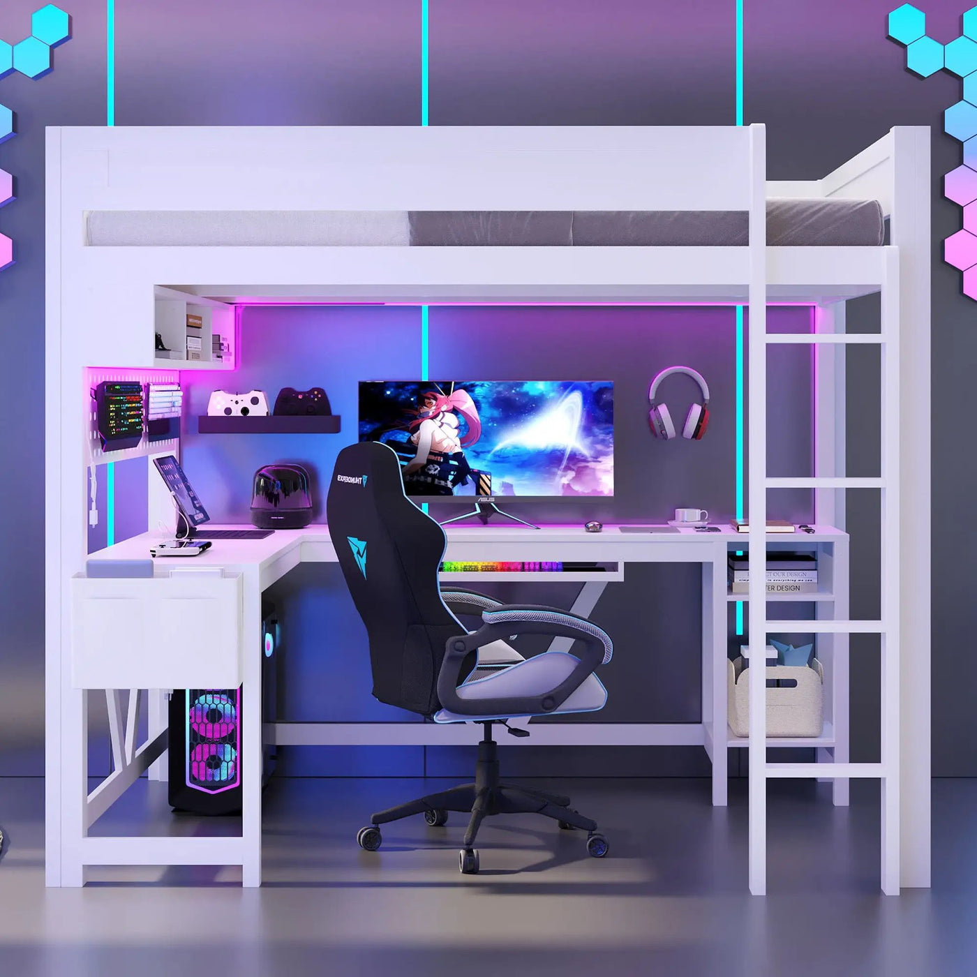 Gaming Loft Bed With Desk, Storage Shelves, LED And Charging Station by HouseOfZazla