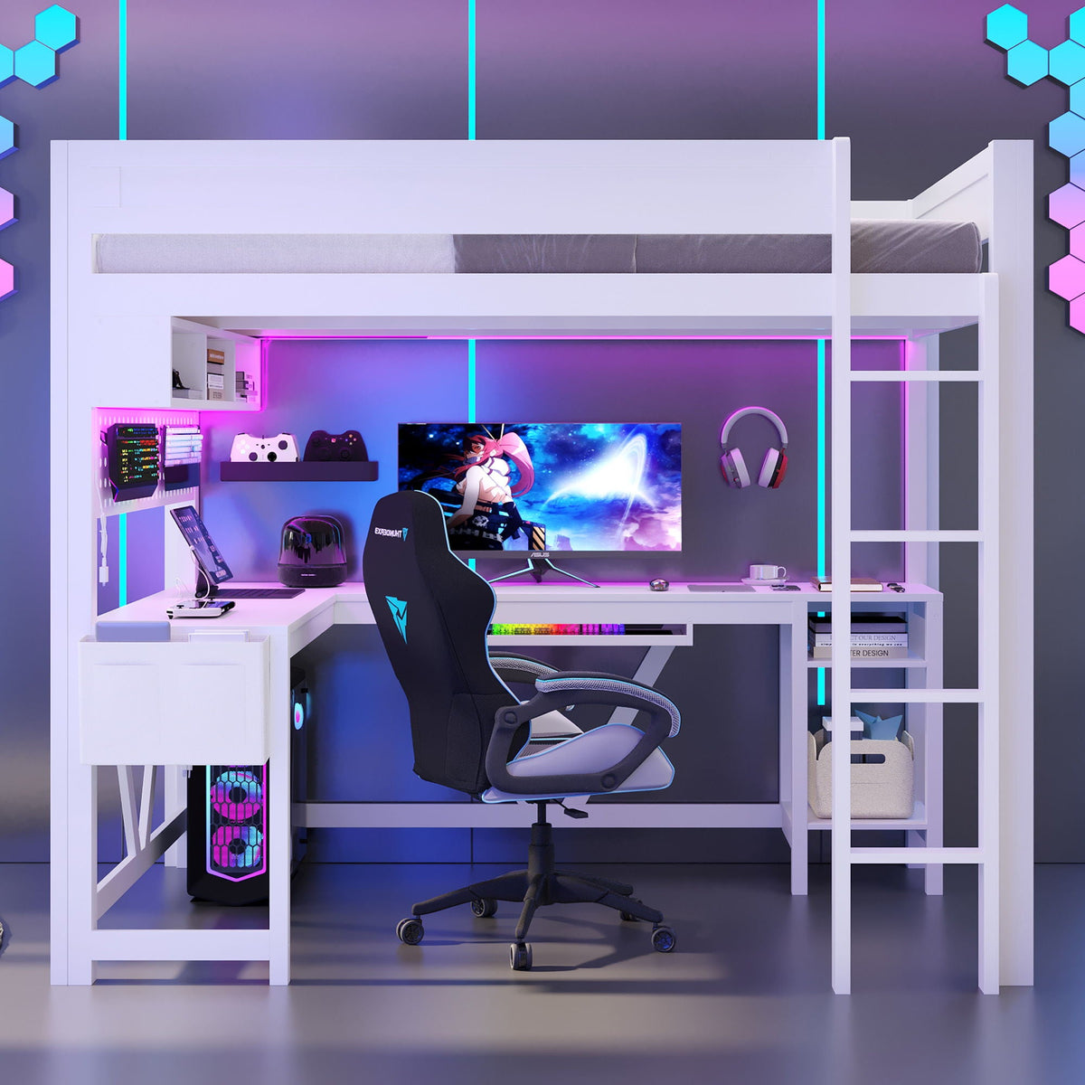 Gaming Loft Bed With Desk, Storage Shelves, LED and Charging Station - Full, photo 16 of 26