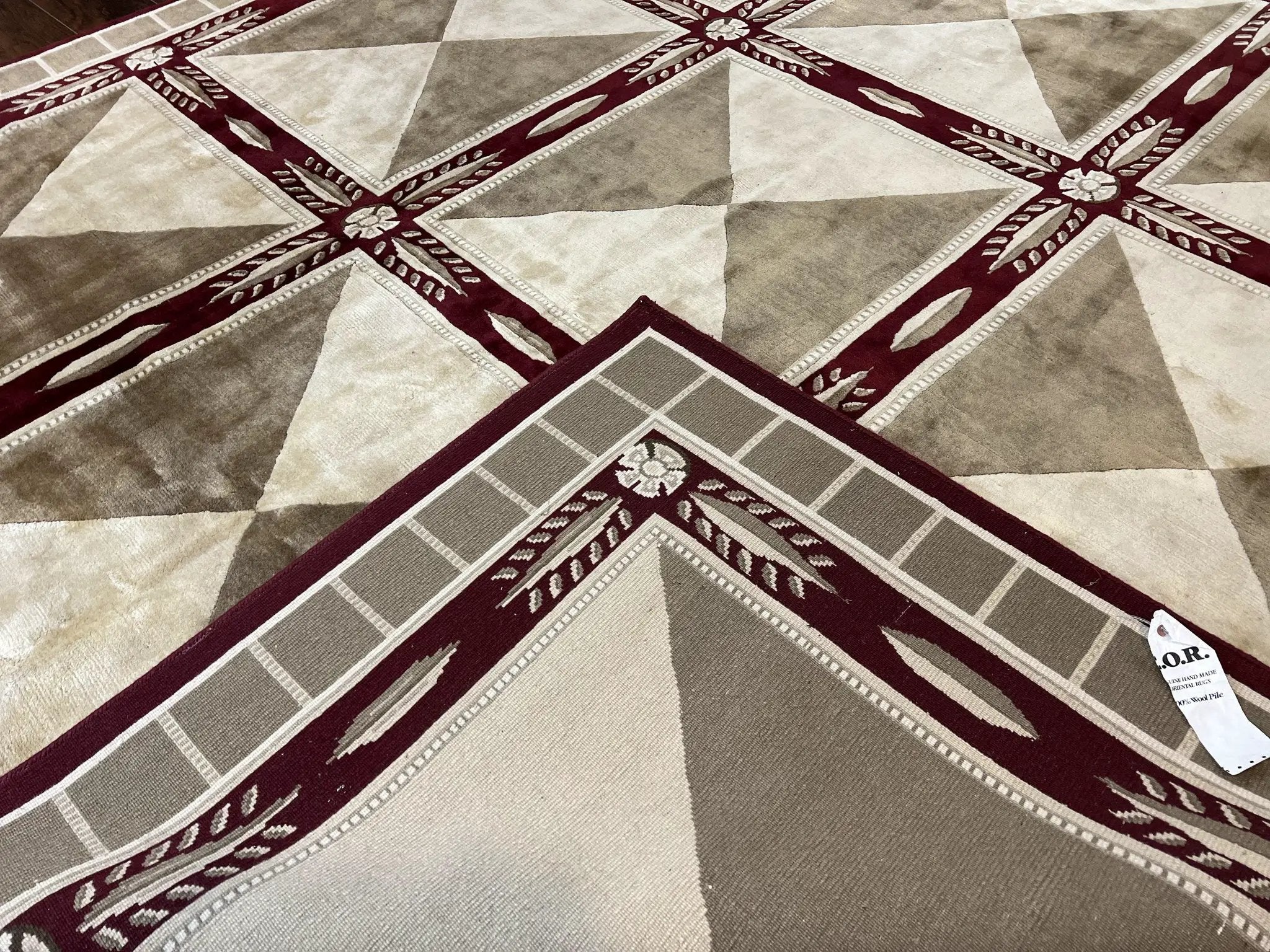 Indo Tibetan Rug 10x14, Nepali Carpet, Large Soft Wool Area Rug, Olive Tan Maroon, Contemporary Rug 10 x 14 ft Living Room Rug, Handmade Rug by Jewel Rugs