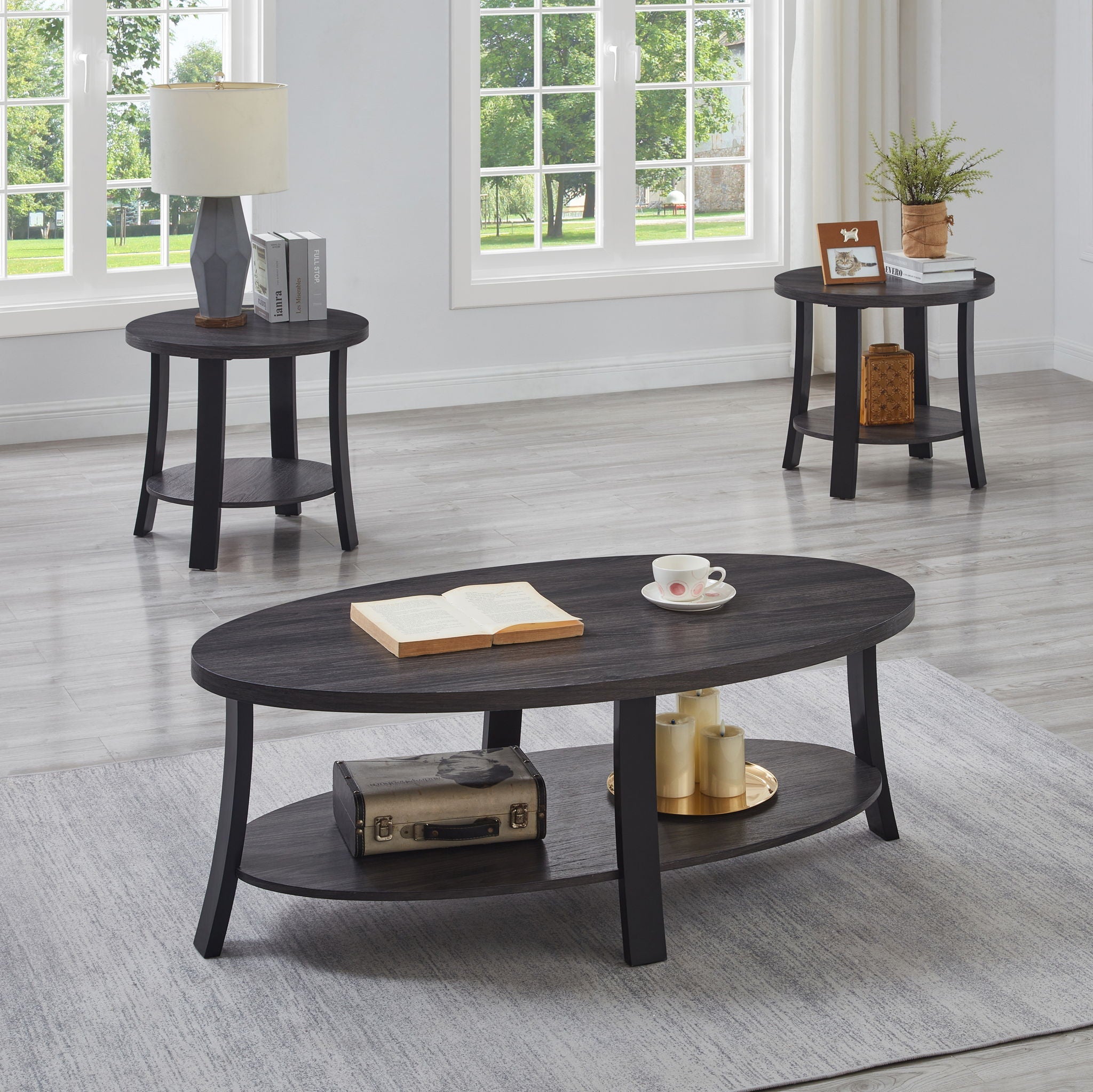 Anze - 3 Piece Coffee Table Set Contemporary Oval Wood Shelf - Charcoal by HouseOfZazla