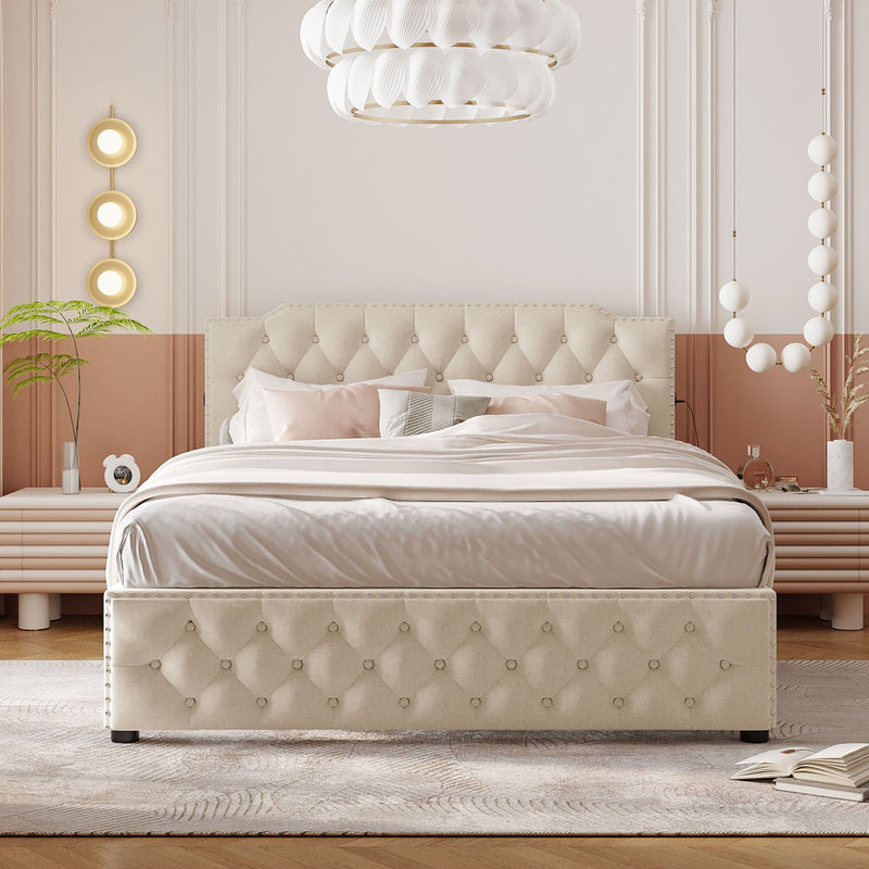 Upholstered Platform Bed With 2 Drawers And 2 Sets Of USB Ports On Each Side, Fabric by HouseOfZazla