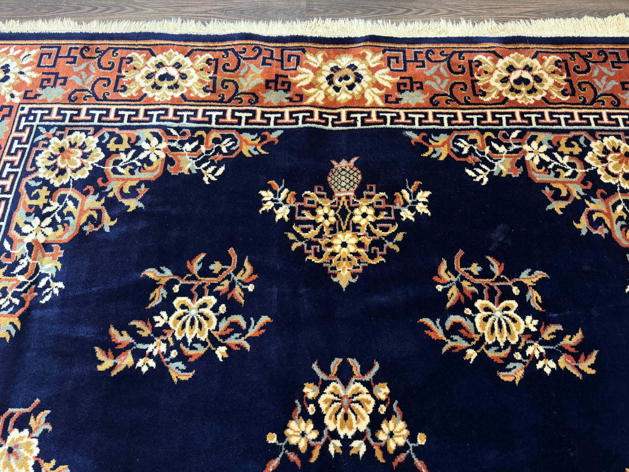 Chinese Wool Rug 8x11, Navy Blue and Terracotta, Floral, Couristan Belgium Power Loomed Carpet by Jewel Rugs