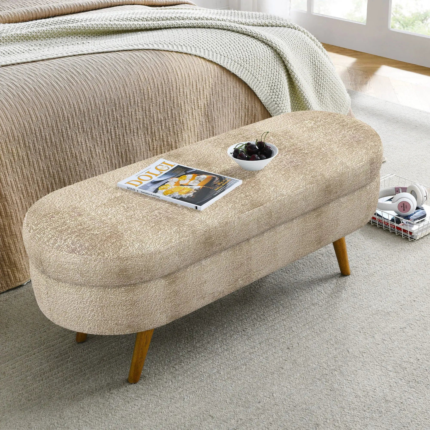 Modern Ottoman Oval Storage Bench With Rubber Wood Legs by Unique Piece Furniture