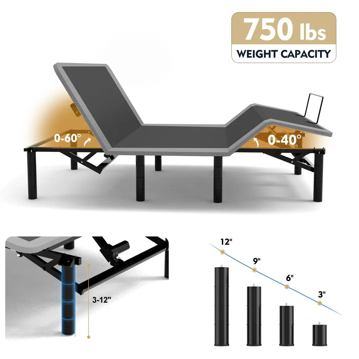 Adjustable Bed Frame With Massage Head & Foot Incline, Wireless Remote, USB Ports, LED Night Light by HouseOfZazla