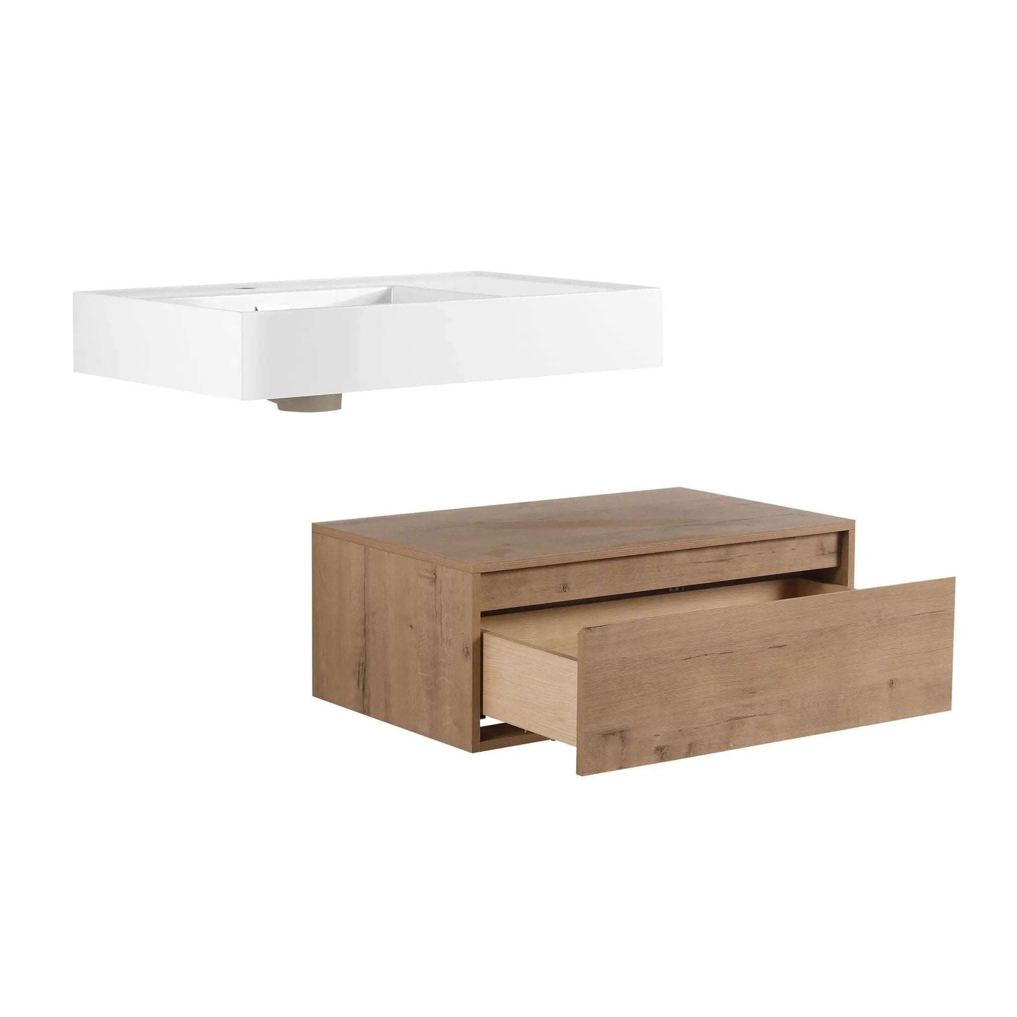 Modern Wall Mounted Bathroom Vanity With Resin Sink And Side Cabinet, Soft Close Drawer, Imitative - Imitative Oak by HouseOfZazla