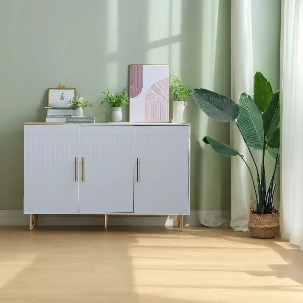 3 Door Large Storage Sideboard With Handles For Kitchen, Dining Room And Living Room, Accent Buffet Cabinet, Coffee Bar Sideboard Cabinet With 3 Doors - White / Gold by HouseOfZazla