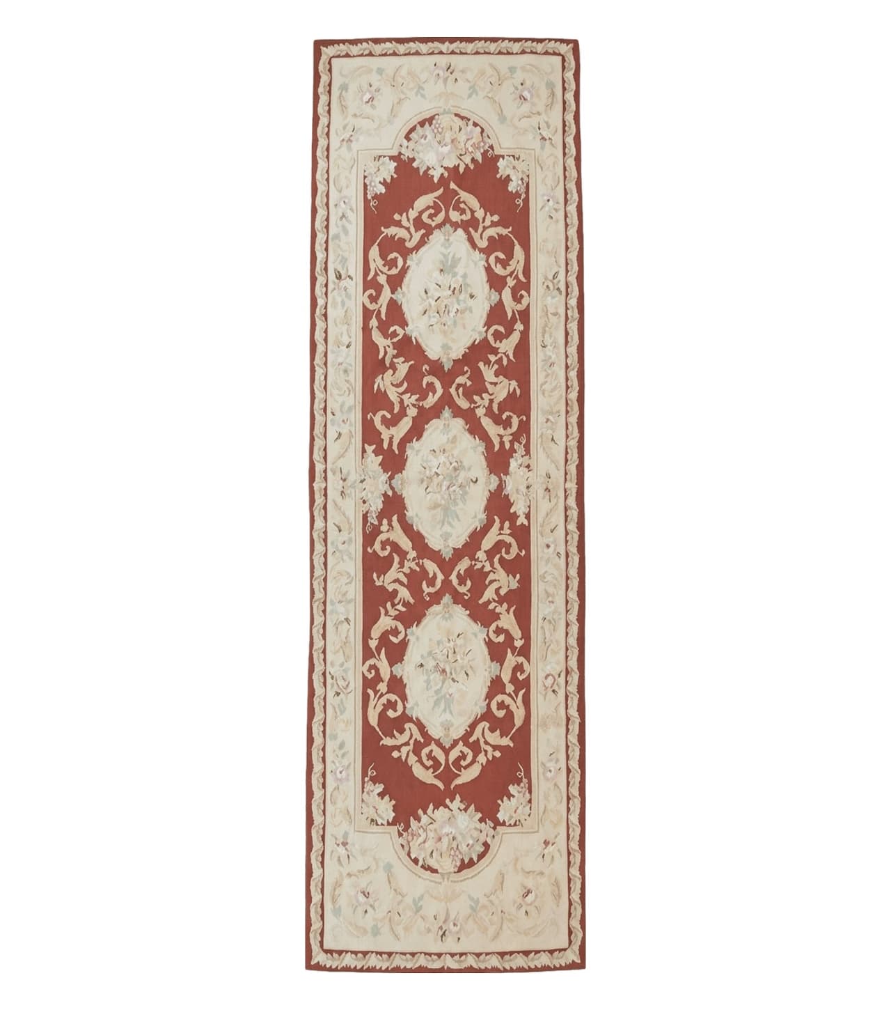 Aubusson Runner Rug 3x10, European Design, Red and Beige, Elegant, Handmade Wool Rug by Jewel Rugs