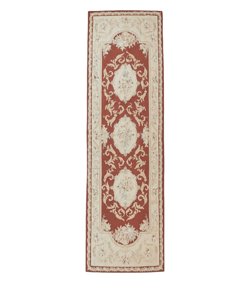 Aubusson Runner Rug 3x10, European Design, Red and Beige, Elegant, Handmade Wool Rug by Jewel Rugs