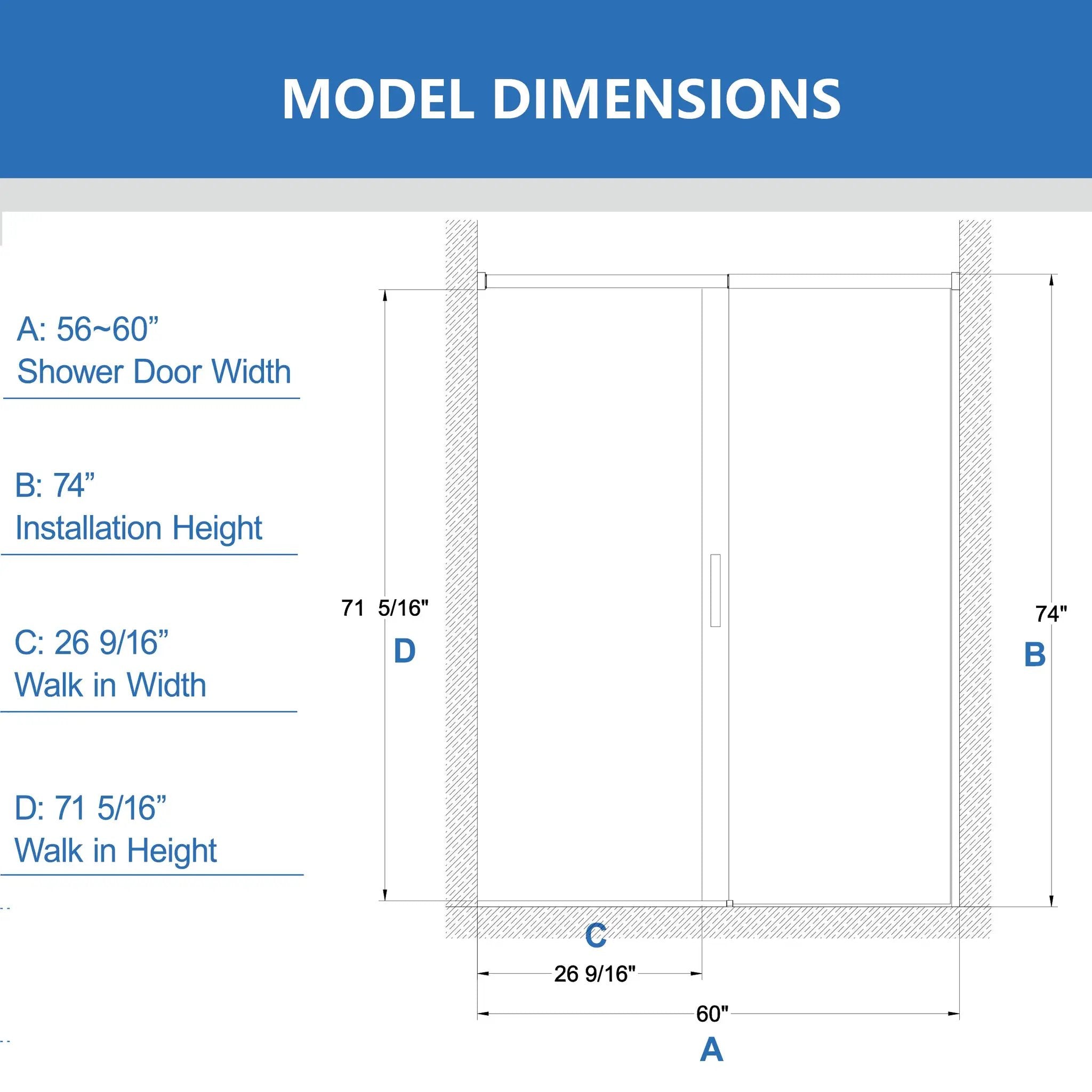 56-60" W x 74" H Semi-Frameless Sliding Shower Door by HouseOfZazla