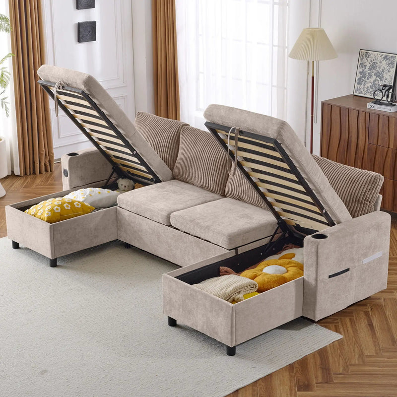 Sectional Sofa Bed With Pull Out Sleeper, USB Ports, Cup Holders by HouseOfZazla