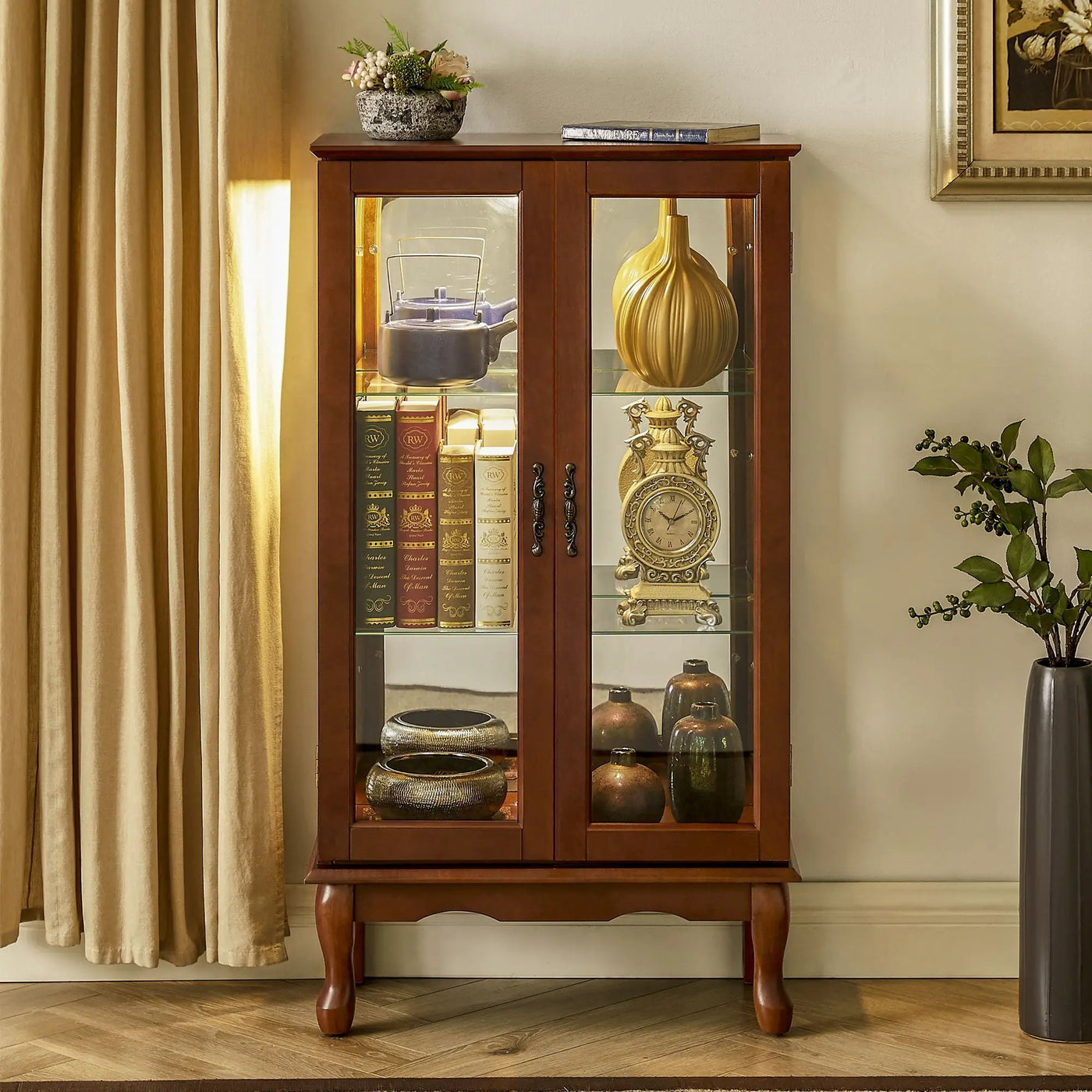 Curio Cabinet Lighted Curio Diapaly Cabinet With Adjustable Shelves And Mirrored Back Panel, Tempered Glass Doors (3 Tier), (E26 Light Bulb Not Included) by HouseOfZazla