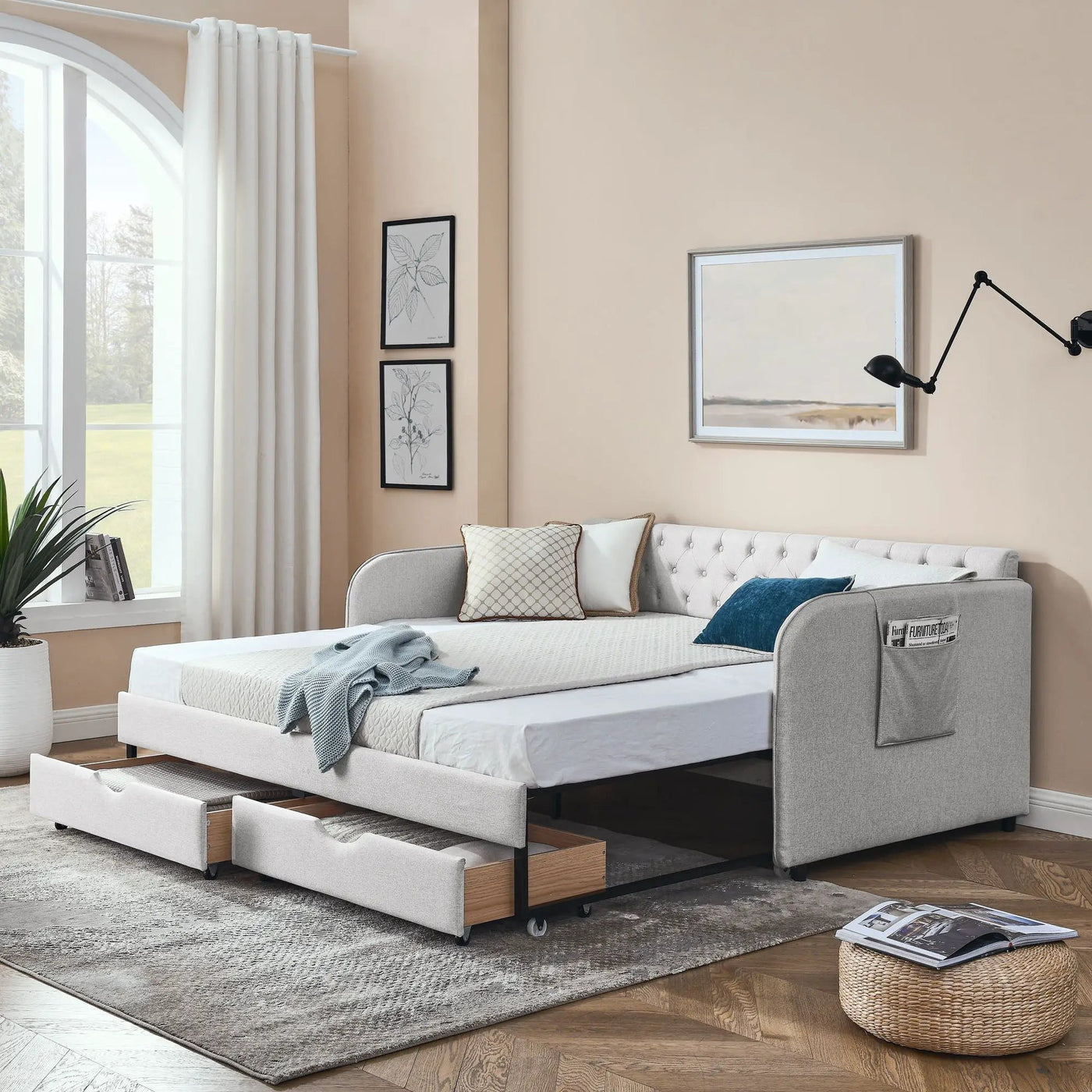 Daybed With Trundle And Storage Drawers, Flat Arms With Pocket by HouseOfZazla