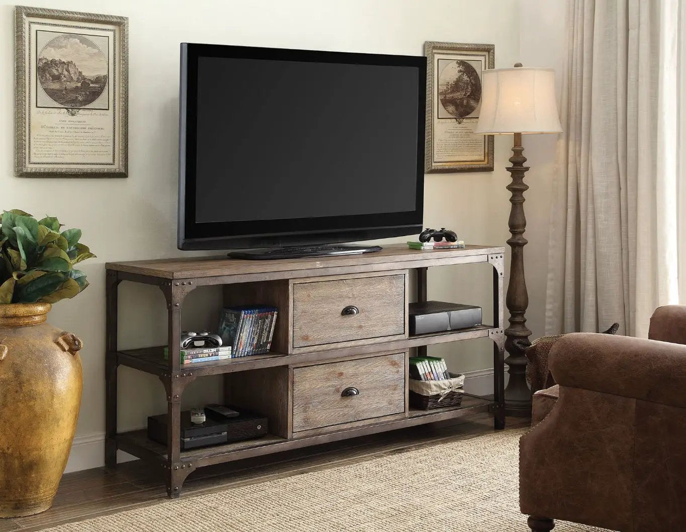 Gorden - TV Stand - Weathered Oak & Antique Silver Metal by Unique Piece Furniture