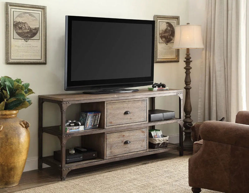 Gorden - TV Stand - Weathered Oak & Antique Silver Metal by Unique Piece Furniture