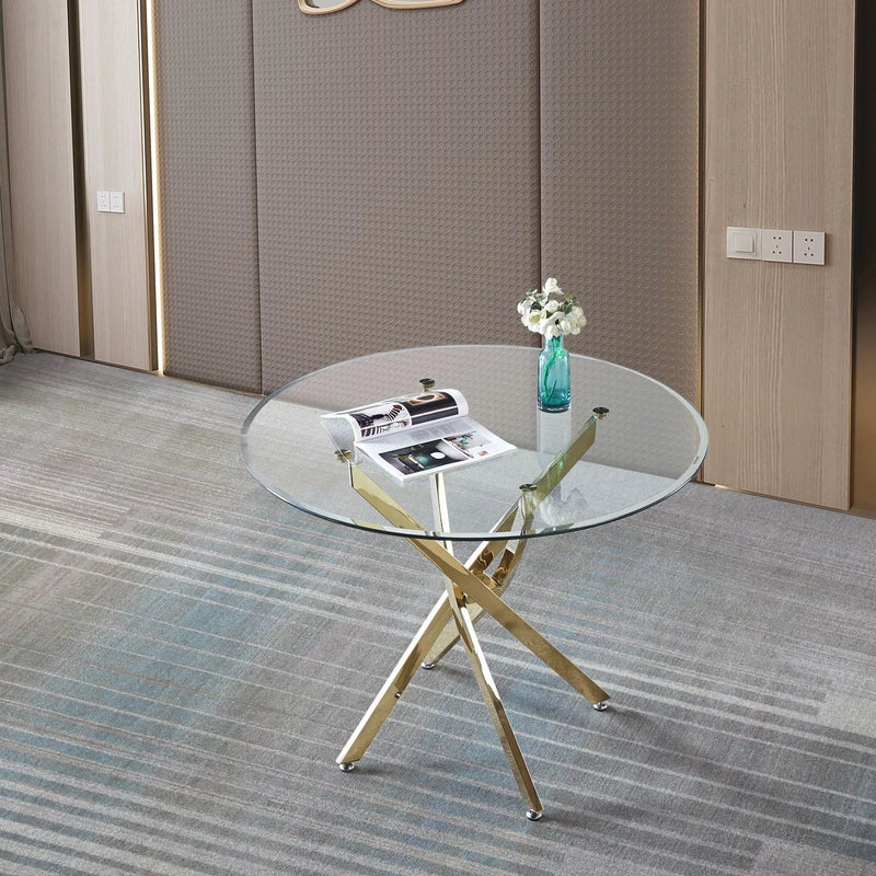 Contemporary Round Clear Dining Tempered Glass Table With Gold Finish Stainless Steel Legs - Gold by HouseOfZazla