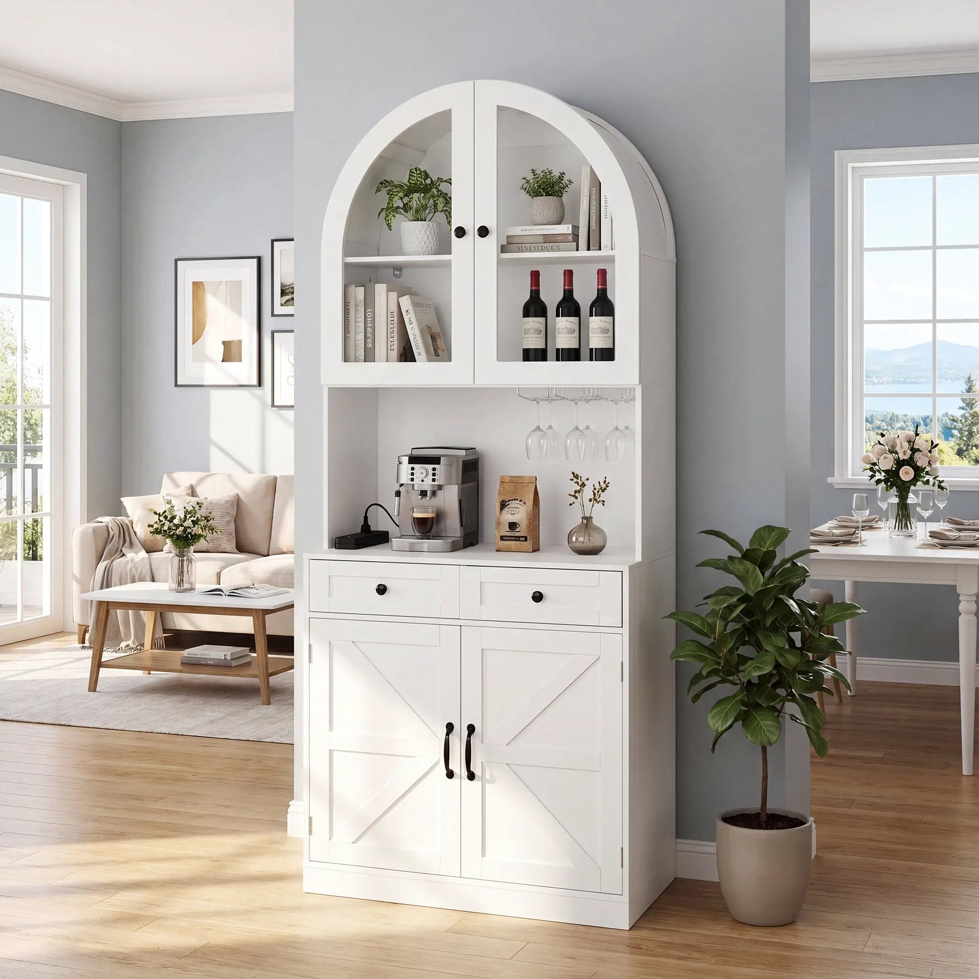 75" Farmhouse Tall Arched Pantry Cabinet with Charging Station by HouseOfZazla