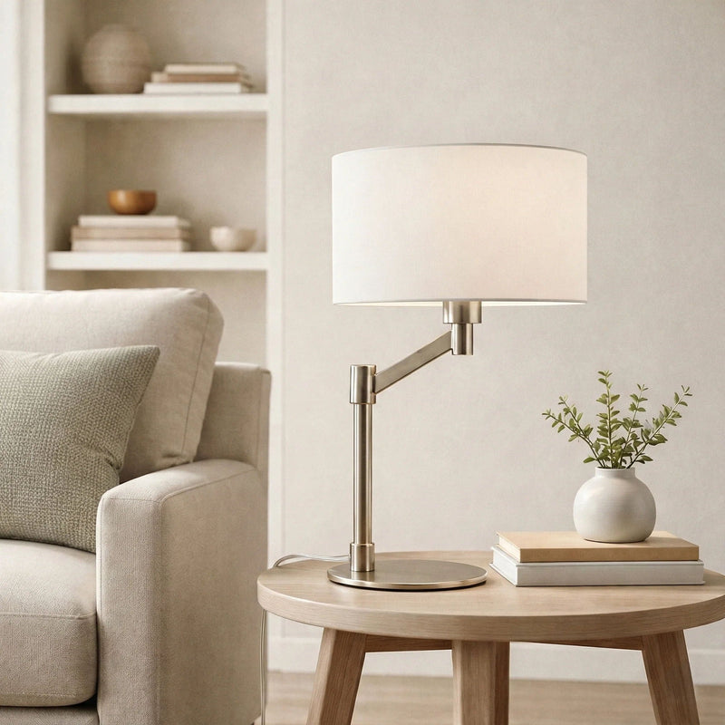 Horizon - Table Lamp With On / Off Switch Curved Base Linen Shade - Brushed Nickel / Silver / White, photo 5 of 7