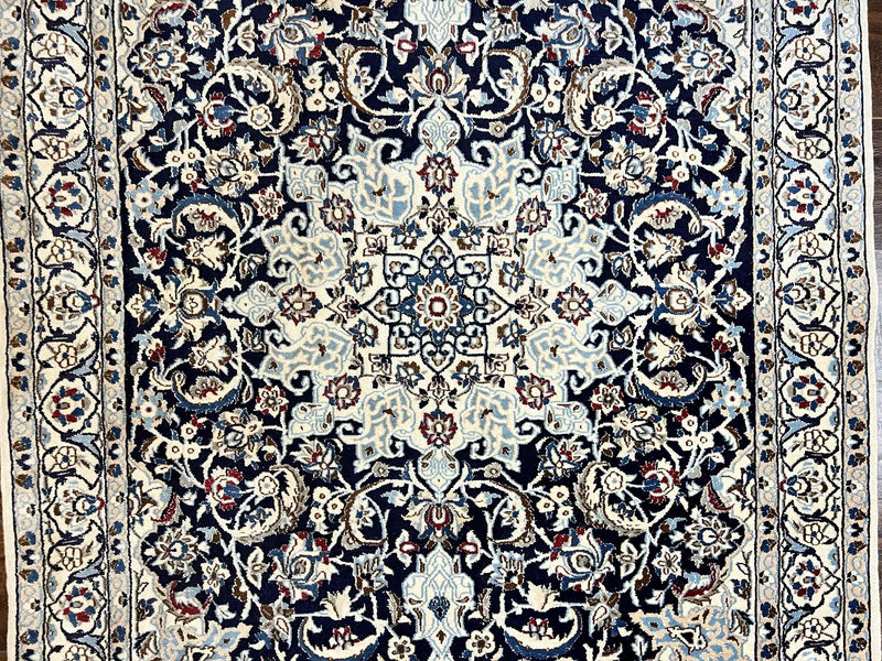 Persian Nain Rug 4x6, Floral, Hand Knotted Vintage Wool & Silk Highlights, Signature from Masterweaver, Navy Blue and Ivory by Jewel Rugs