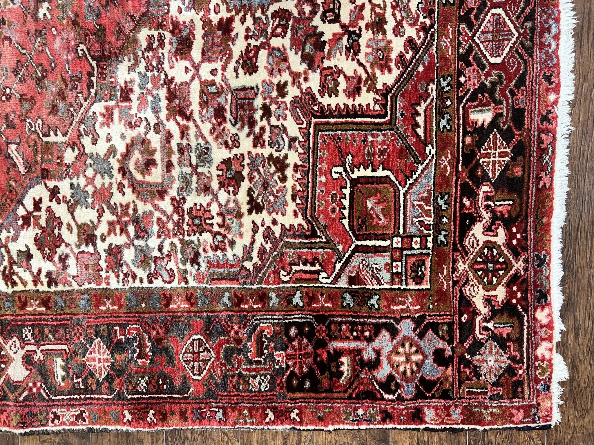 Large Persian Heriz Rug 10x13, Red and Cream Geometric Tribal Room Sized Handmade Wool Hand Knotted Semi Antique Decorative Oriental Carpet by Jewel Rugs