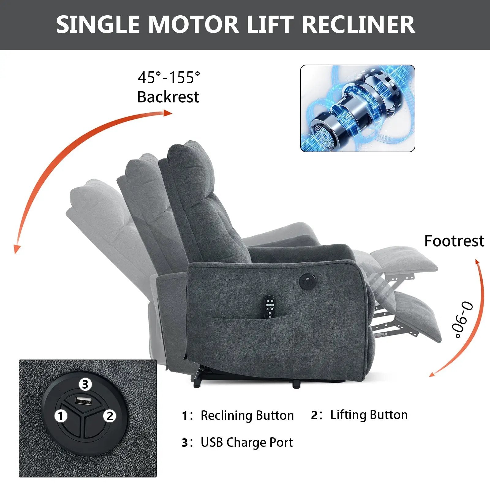 Grey Chenille Single Motor Power Lift Recliner Chair by HouseOfZazla