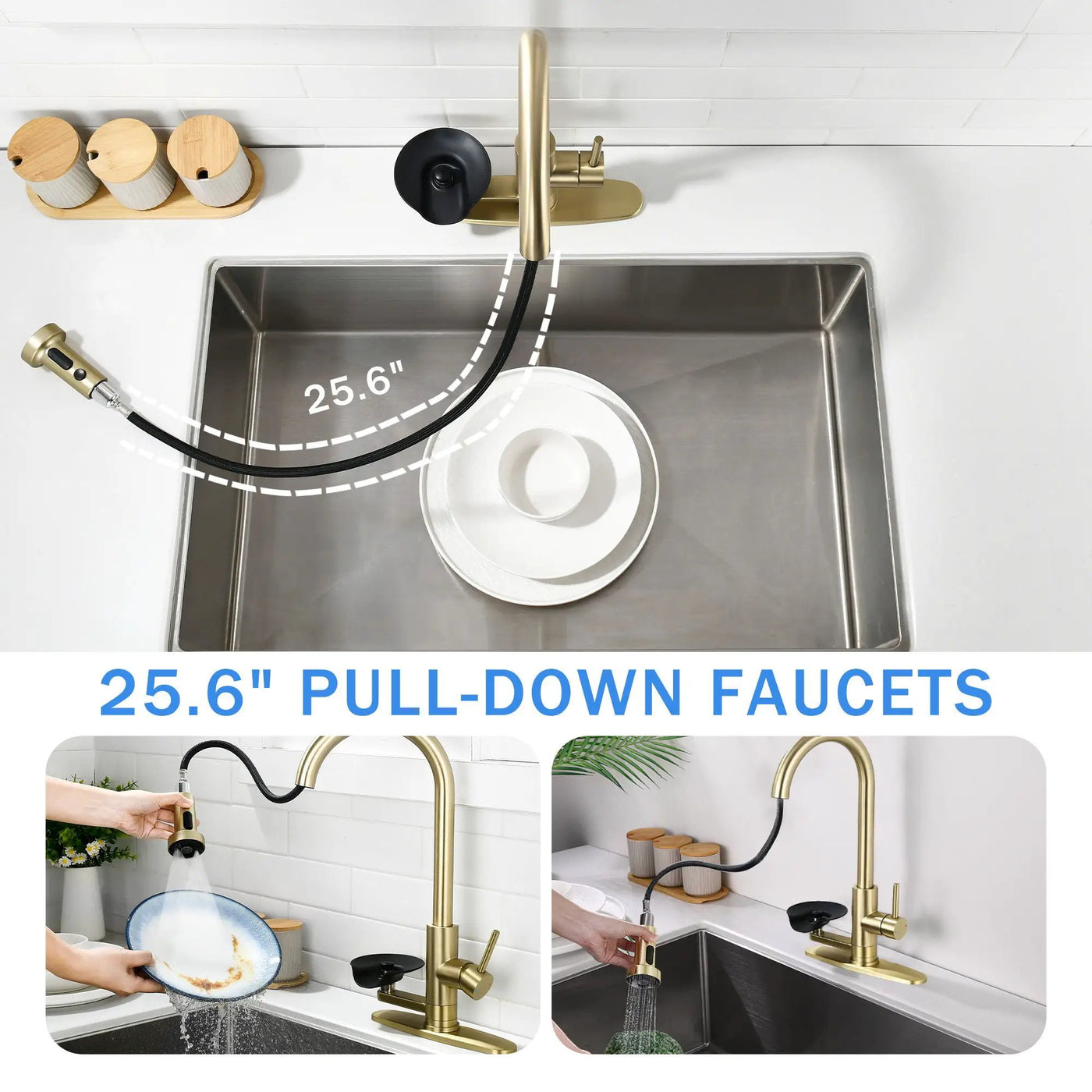 3 In 1 Kitchen Faucet With Press Type Glass Rinser, High Arc Pull Down Sprayer by HouseOfZazla