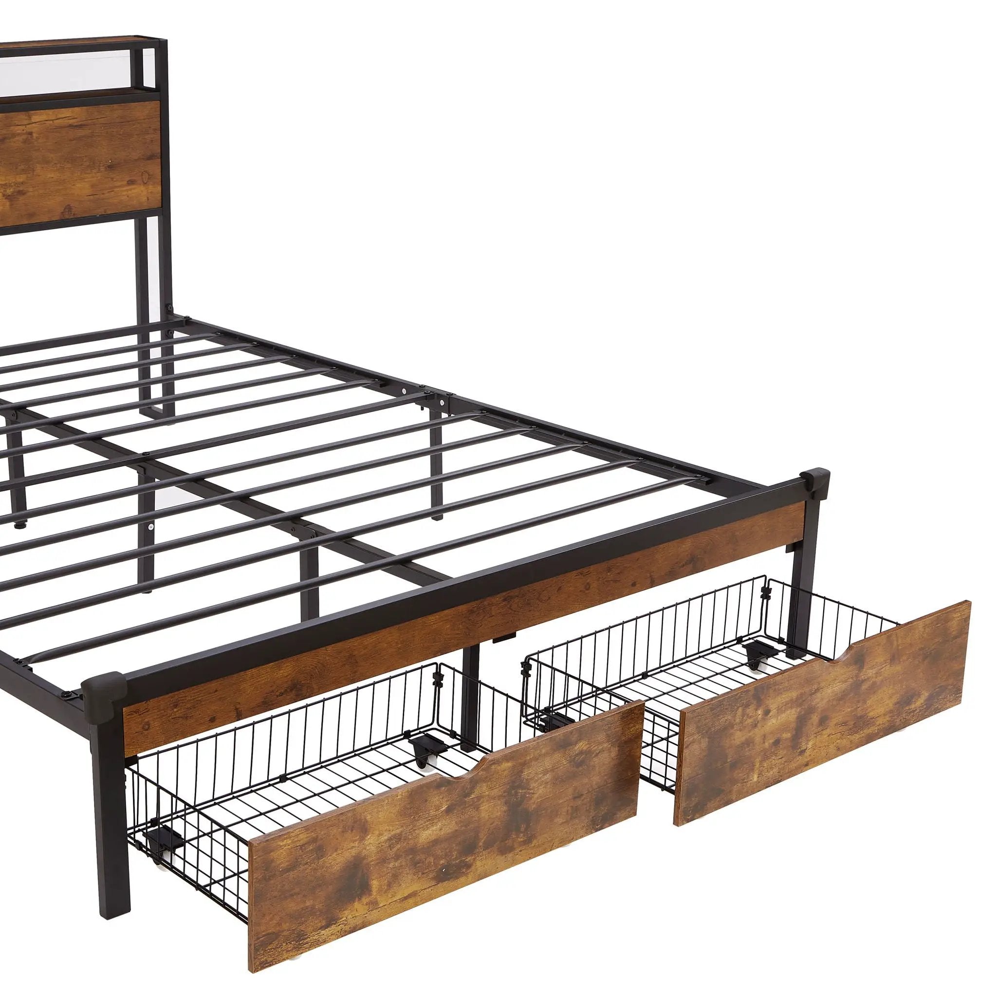 Modern Metal Platform Bed Frame With Wooden Headboard And Footboard, USB Charging Station, LED Lights, 2 Drawers by Unique Piece Furniture