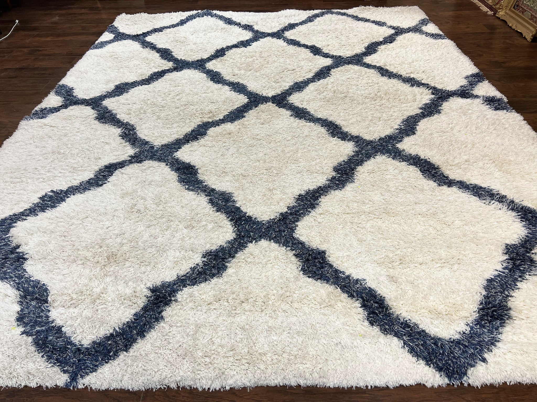 Modern Shag Rug 9x12, Ivory and Dark Blue, Diamond Pattern, Soft, Room Sized, Contemporary Rug, Plush by Jewel Rugs