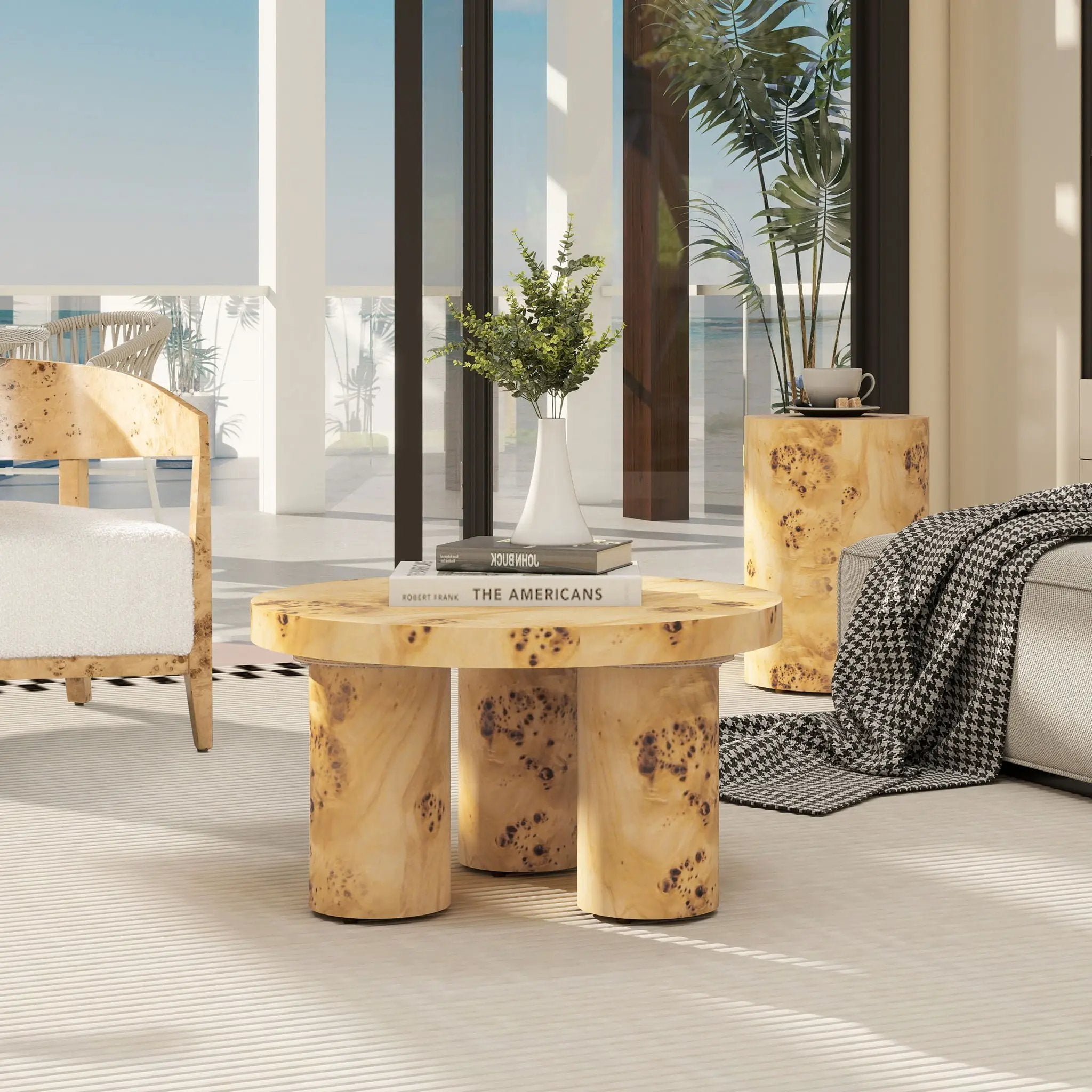 Nebula - Round Pillar Leg Coffee Table - Warm Natural Brown Burl by Unique Piece Furniture