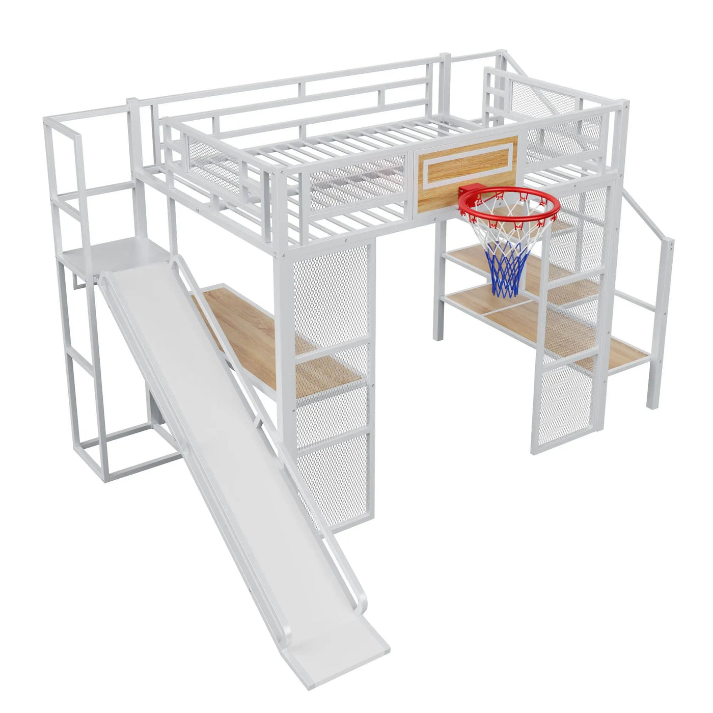 Loft Bed With Built In Desk, Open Wardrobe, Basketball Hoop, Slide And Staircase by HouseOfZazla