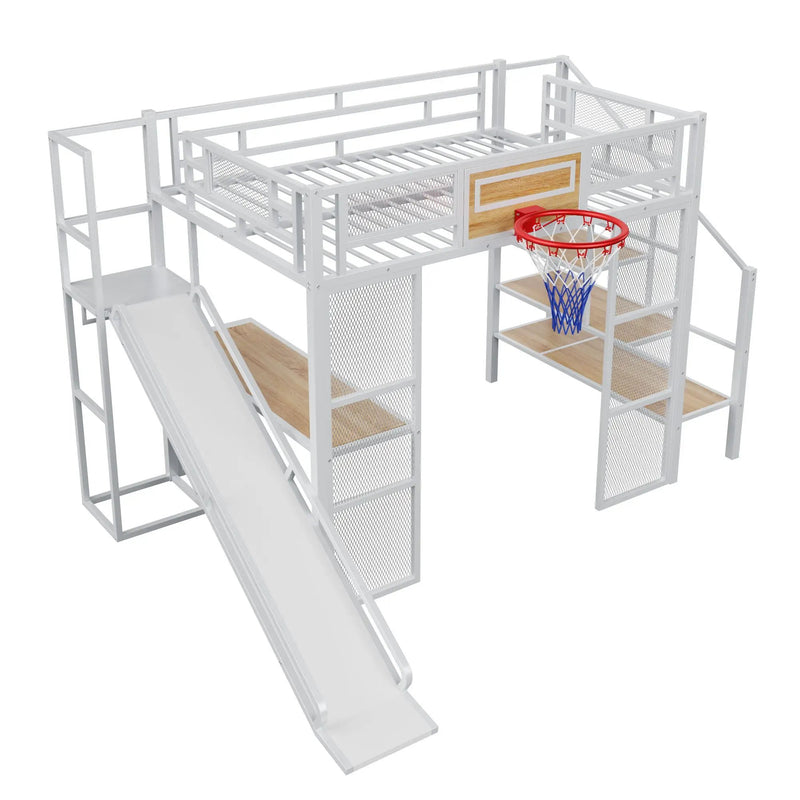 Loft Bed With Built In Desk, Open Wardrobe, Basketball Hoop, Slide And Staircase by Unique Piece Furniture
