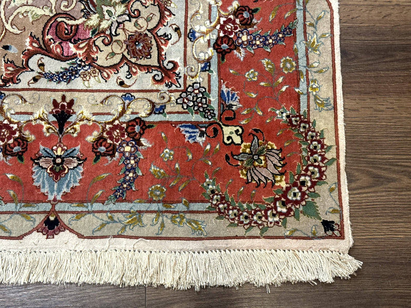 Wonderful Persian Tabriz Rug 5x7, Very Fine 440 KPSI, Ivory and Coral, Rare by Jewel Rugs