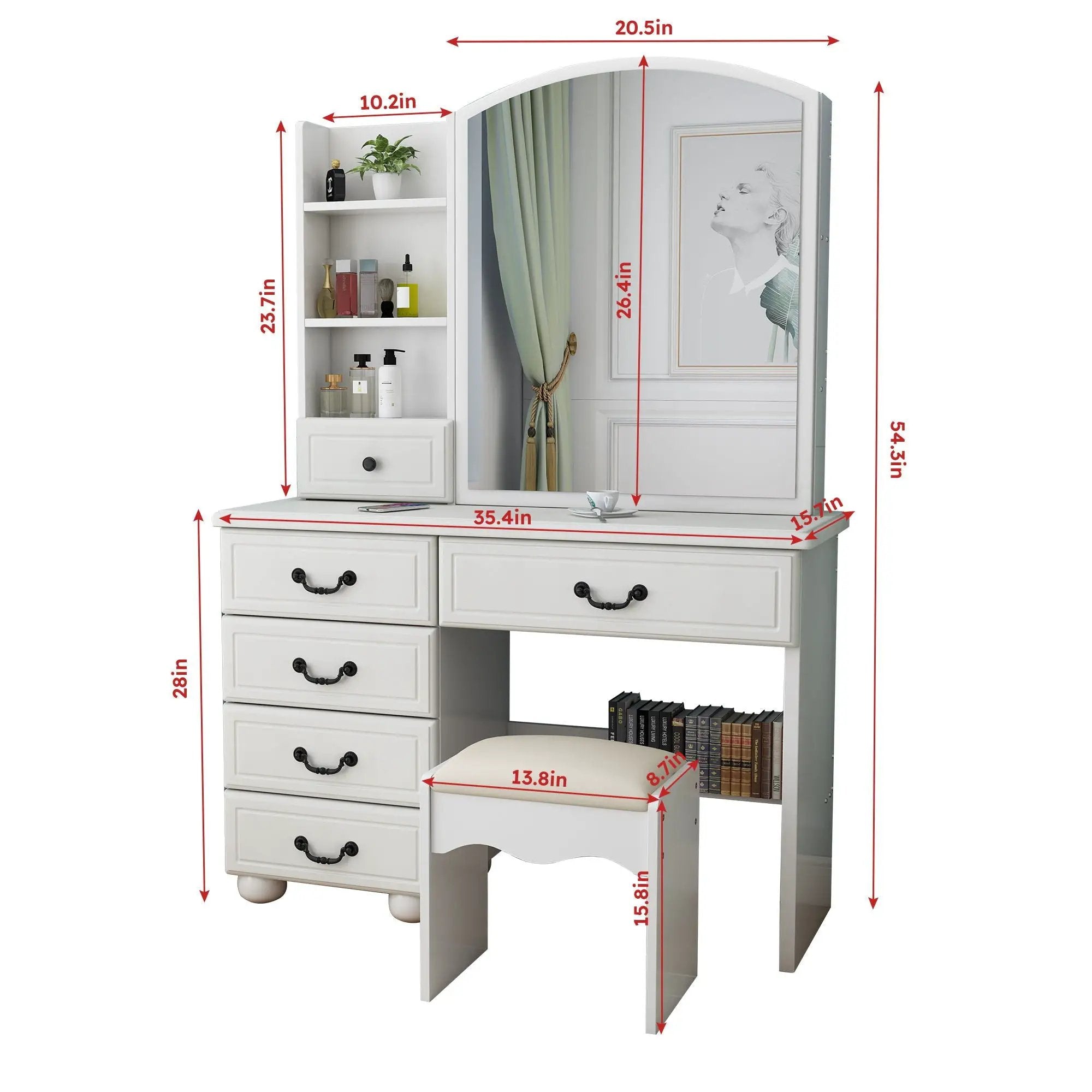 Fashion Vanity Desk With Mirror And Adjustable Lighting, 6 Drawers, 3 Color Light Modes - White by Unique Piece Furniture