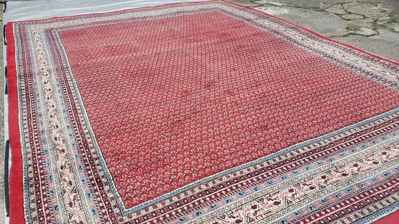 Persian Sarouk Mir Pattern, Red and Beige, Hand-Knotted, Wool, Paisley Boteh Design, 9'9" x 13', Semi Antique by Jewel Rugs