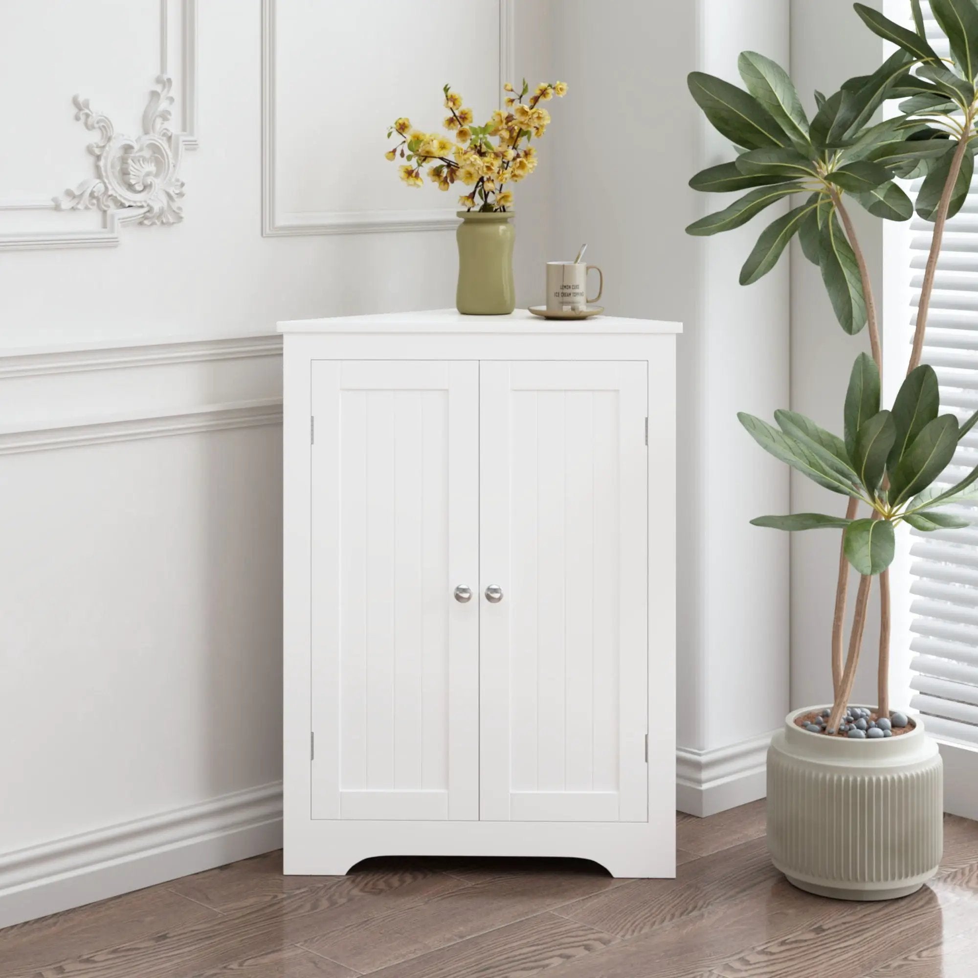 Corner Cabinet With 2 Doors And Adjustable Shelves, Freestanding Narrow Storage Organizer For Bathroom - White by Unique Piece Furniture