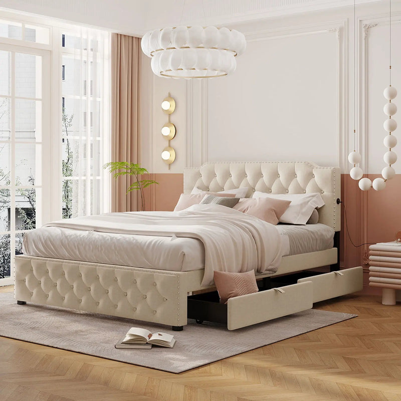 Upholstered Platform Bed With 2 Drawers And 2 Sets Of USB Ports On Each Side, Fabric by HouseOfZazla