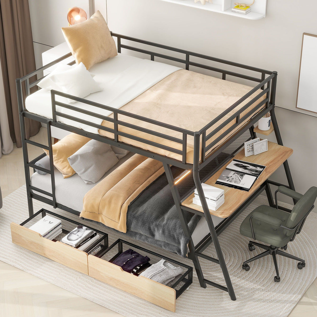 Full Size Bunk Bed with Built-In Desk, Light & 2 Drawers - Black, photo 10 of 20