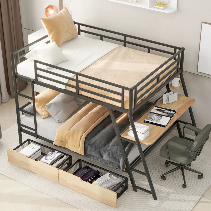 Full Size Bunk Bed With Built In Desk, Light, And 2 Drawers - Black by HouseOfZazla