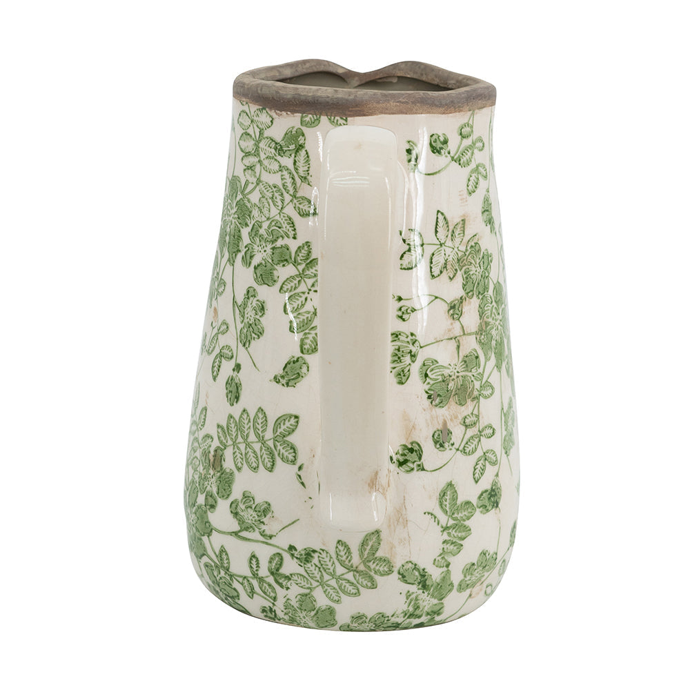 6.3x4.5x7.1' White Ceramic Pitcher Vase with Green Floral Pattern by HouseOfZazla