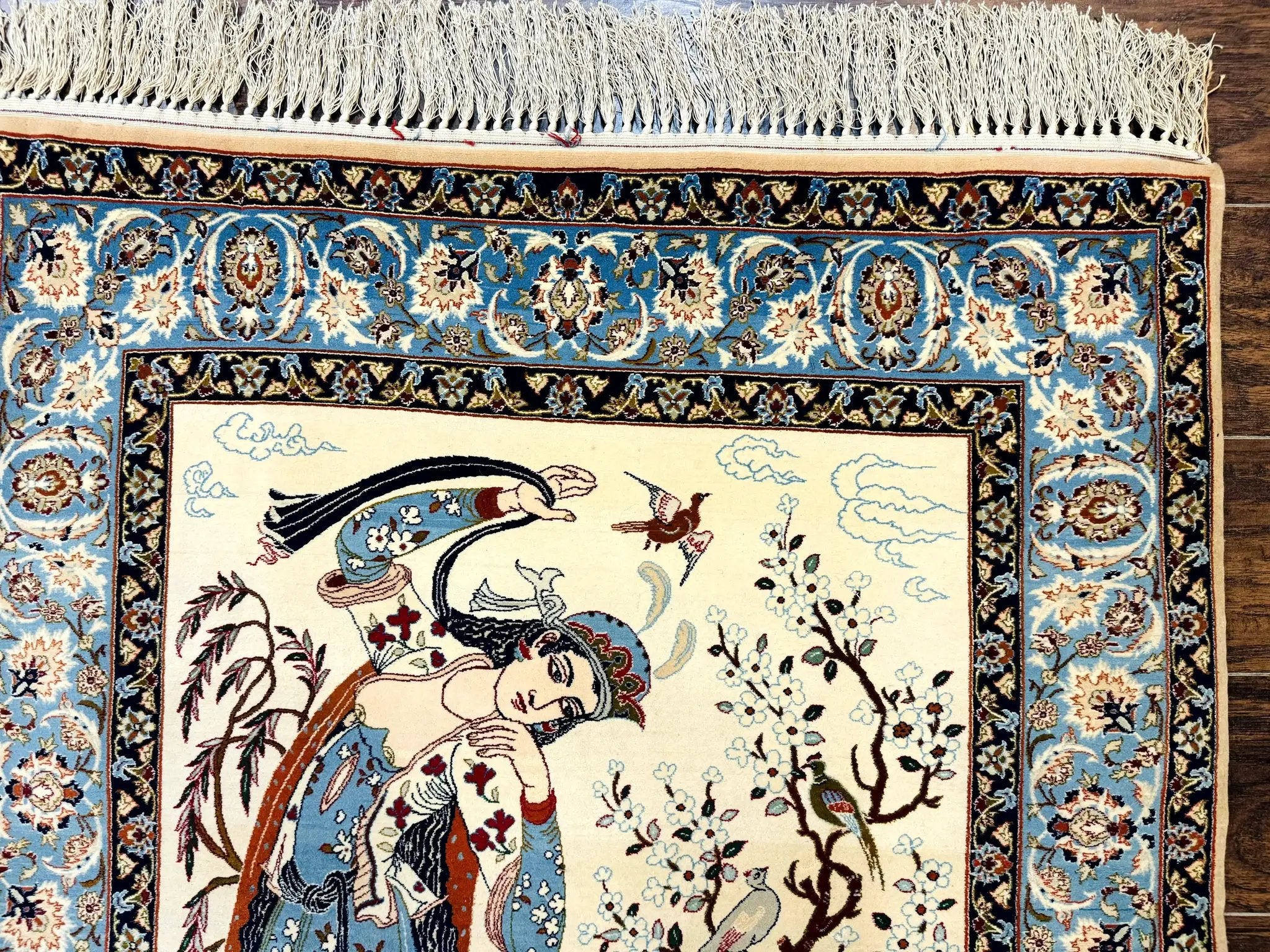 Persian Isfahan Pictorial Rug, Two Lovers, Kork Wool on Silk Foundation, Ivory and Light Blue, 500 KPSI Super Fine by Jewel Rugs