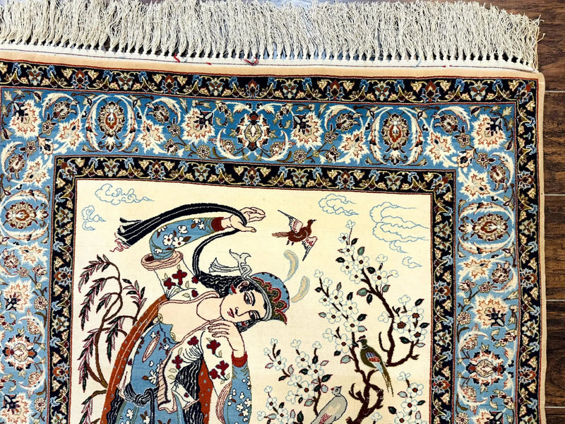 Persian Isfahan Pictorial Rug, Two Lovers, Kork Wool on Silk Foundation, Ivory and Light Blue, 500 KPSI Super Fine by Jewel Rugs