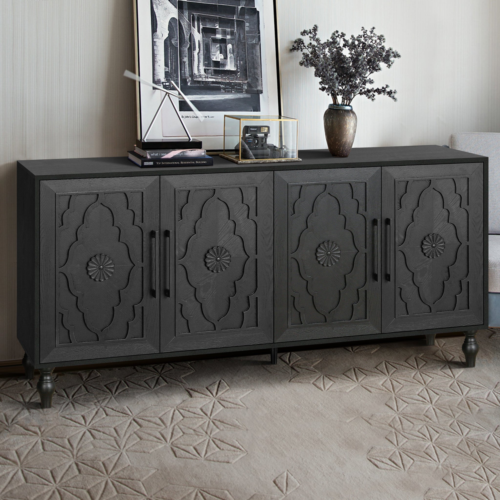 Carved Flower Door Large Storage Cabinet with Metal Handle by HouseOfZazla