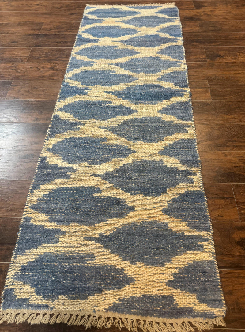 Modern Jute Runner Rug 2.9 x 7.9, Beige and Blue, Handwoven, Kaleen Rug by Jewel Rugs