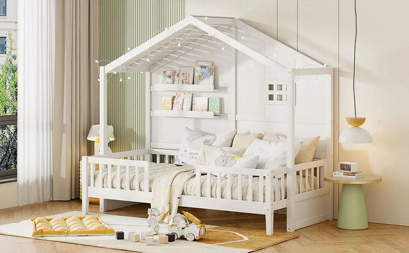 House Bed With Shelves, Window And Sparkling Light Strip On The Roof by HouseOfZazla