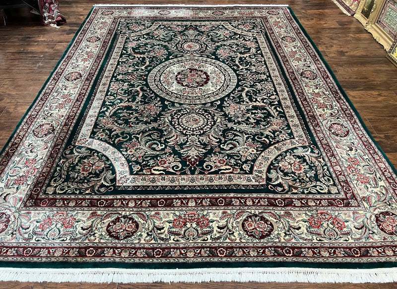 Pak Persian Rug 9x12, Dark Green and Cream, Floral Medallion, Elegant Handmade Wool Carpet 9 x 12 by Jewel Rugs