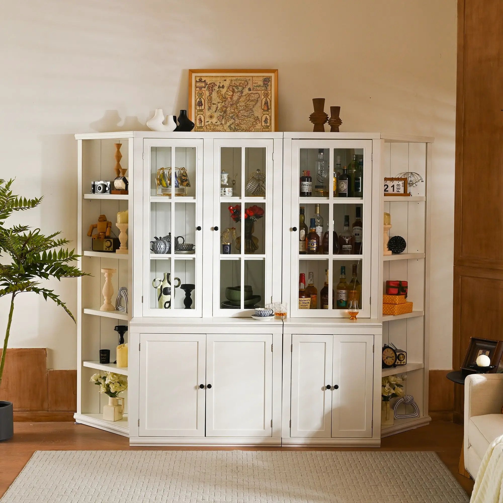 Retro Style Wall Suit With Glass Doors, 75.25" Tall Display Cabinets & Triangle Sided Bookshelves - White by Unique Piece Furniture