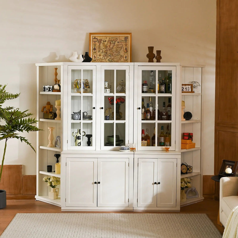 Retro Style Wall Suit With Glass Doors, 75.25" Tall Display Cabinets & Triangle Sided Bookshelves - White by Unique Piece Furniture