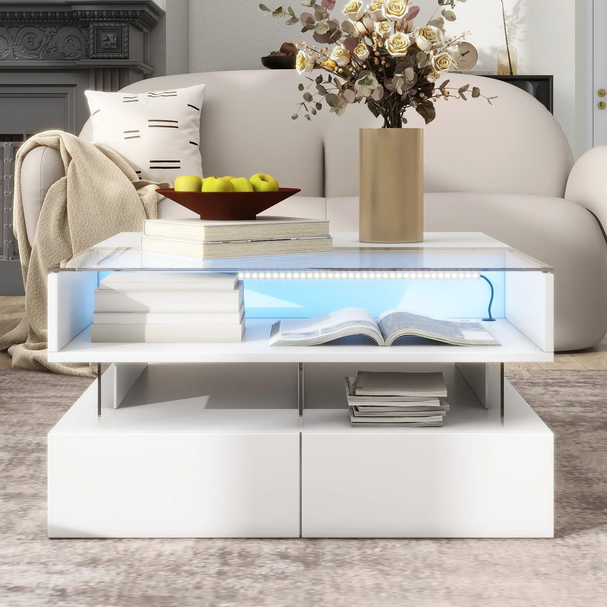 Lift Top Coffee Table With 2 Drawers, Hidden Space And LED Lights For Living Room by HouseOfZazla